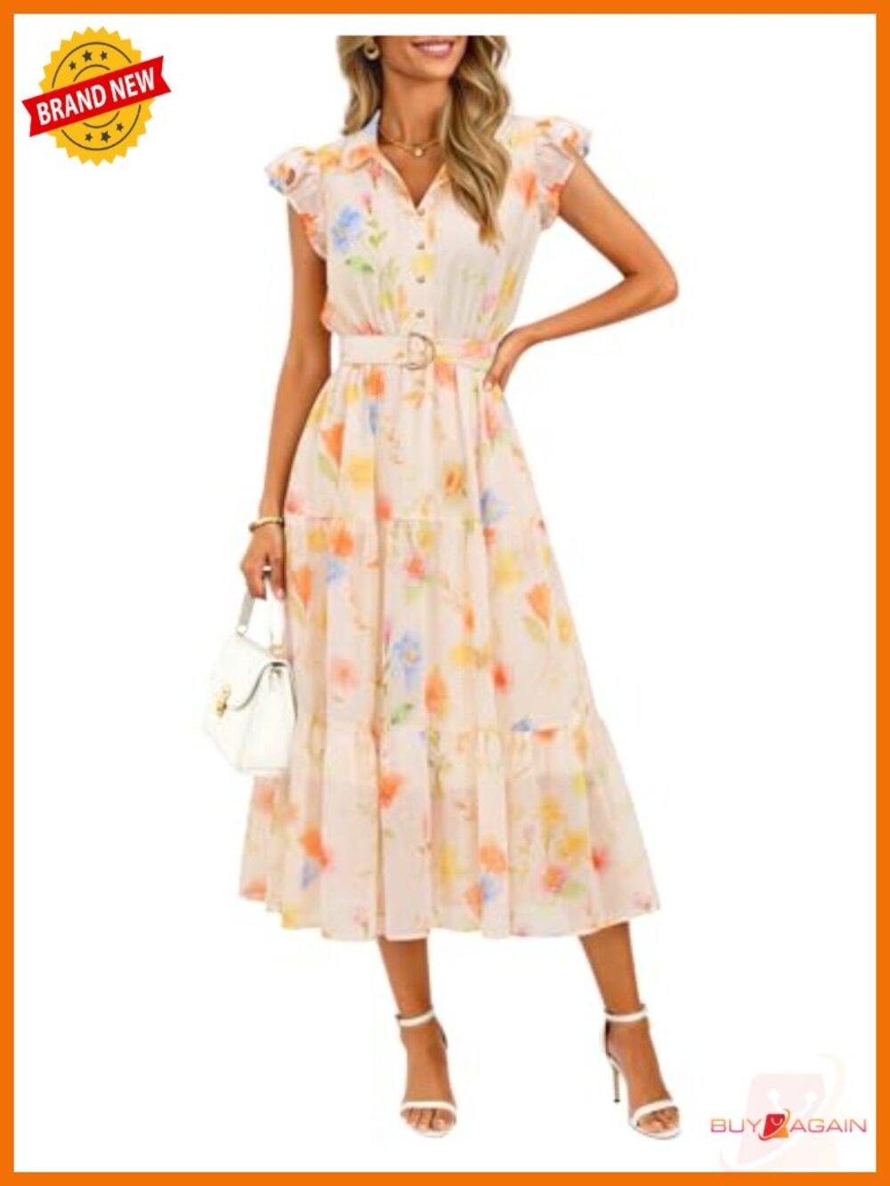 Womens Floral Midi Dress Ruffled Short Sleeve A-Line Chiffon Summer